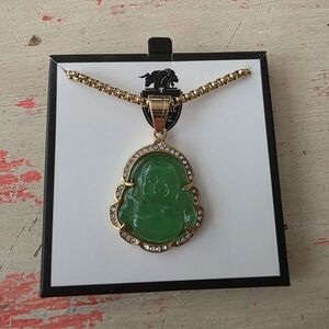 Gold and Green Buddha Pendant Necklace 24 Inches. Never Worn.